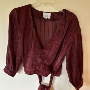 Nordstrom brand JOA pants and wrap top set, maroon w/ navy stripes, size XS, EUC